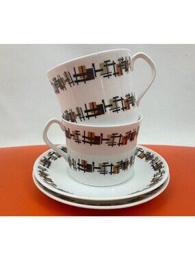 Vintage 1960s cups and saucers set, Queen Anne Bone China, geometric pattern,